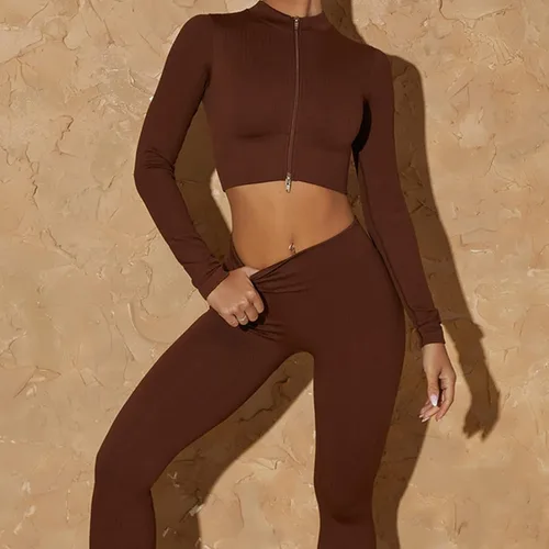 Vista 3 de Mainstar Conjuntos de entrenamiento para mujer 3 piezas con cremallera trajes de yoga acanalados manga larga sin costuras cintura alta conjunto