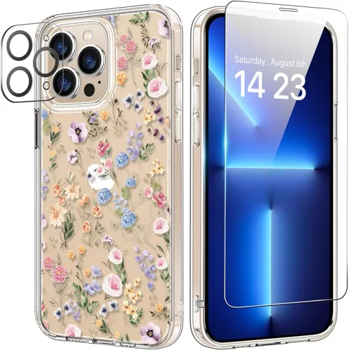 Vista 18 de bicol Funda para iPhone 14 Plus con Protector de Pantalla y Lente de Cámara - Diseños Florales de Moda para Mujeres y Niñas - Funda Transparente