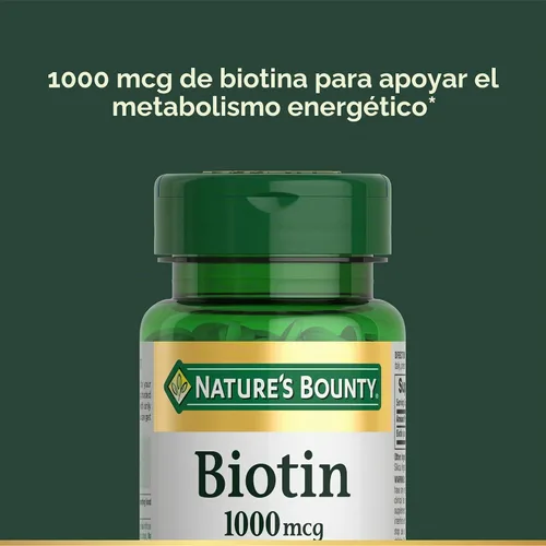 Vista 3 de Nature's Bounty Biotina, Apoya el metabolismo para la energía y la salud del cabello, la piel y las uñas, 1000 mcg, 100 tabletas