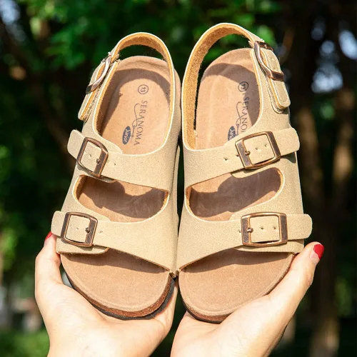 Vista 2 de Seranoma JR Madagascar Sandalias deslizantes para niños, cómodas sandalias con plantilla de corcho y hebillas ajustables, plataforma antideslizante