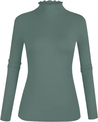 Vista 15 de POPZONE - Camiseta de manga larga con cuello alto falso, ajustada, de punto acanalado con ribete de lechuga para mujer