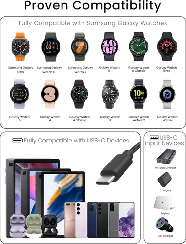 Vista 6 de Sinoacc Cargador 2 en 1 para Samsung Galaxy Watch 7/Ultra/6/6 Classic/5/5 Pro/4/4 Classic/3/Active 2/Active 1/Fe, cable de carga rápida magnético