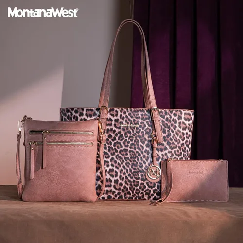 Vista 2 de Montana West Monederos para mujer, juego de 3 piezas, bolso de mano con estampado de leopardo
