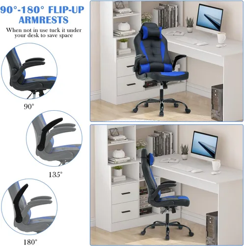 Vista 3 de Silla de oficina para videojuegos, silla de computadora con soporte lumbar y reposacabezas, silla de escritorio ejecutiva ergonómica ajustable
