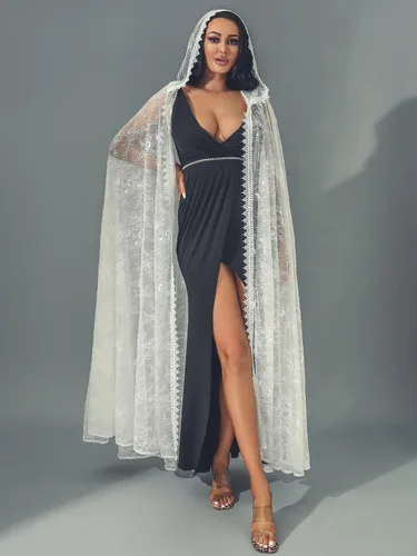Vista 7 de Unicra Capa larga con capucha de encaje de longitud completa, capa larga para disfraz de Halloween, capa de fiesta de cosplay para mujer