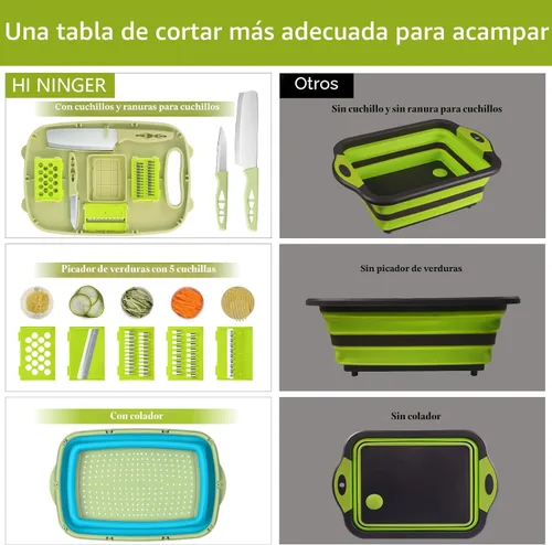 Vista 2 de Tabla de cortar para acampar, HI NINGER - Tabla de cortar plegable con colador, tabla de cortar multifuncional 9 en 1, cesta de lavado de verduras
