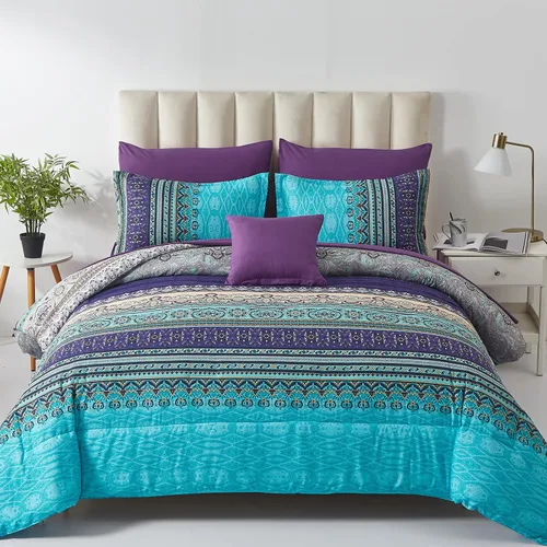 Vista 9 de Cottolester - Juego de edredón bohemio de tamaño matrimonial, 8 piezas, ropa de cama de microfibra suave en una bolsa, rayada y de color aguamarina