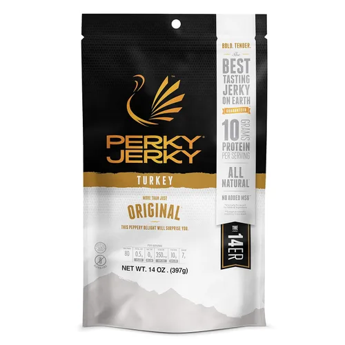 Vista 8 de Perky Jerky Jammin' Jamaican Turkey Jerky, 14oz – Bajo en sodio – 11g de proteína por porción – Bajo en grasa – 100% de origen estadounidense