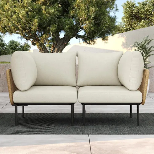 Vista 11 de LayinSun Juego de muebles de patio de aluminio de 7 piezas, sofá modular moderno con mesa auxiliar y cojín de grosor mejorado Gris claro