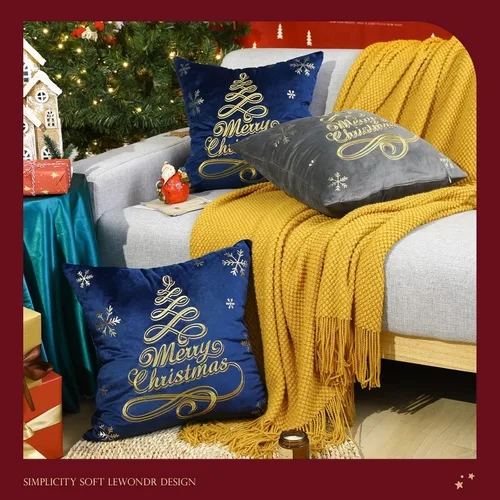 Vista 6 de Lewondr Fundas de almohada de Navidad, bordado de árbol de Navidad, patrón de estampado en caliente, fundas de almohada de terciopelo holandés
