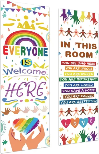 Vista 7 de Estune 2 carteles inspiradores de arcoíris para el aula, letrero de bienvenida para decoración de regreso a la escuela, con texto en inglés