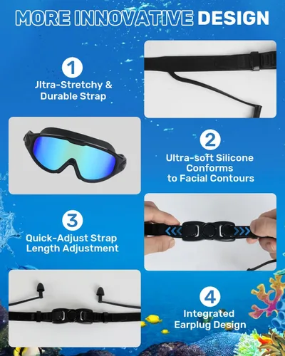 Vista 5 de Gafas de natación para adultos, gafas de natación antivaho y UV con clip de nariz y tapones para los oídos, sin fugas