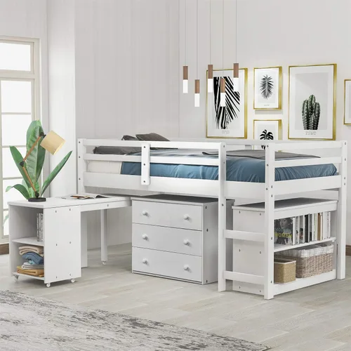 Vista 10 de Harper & Bright Designs Cama alta individual con escritorio, marco de cama alta de madera, cama baja tipo loft individual con armario de Espresso