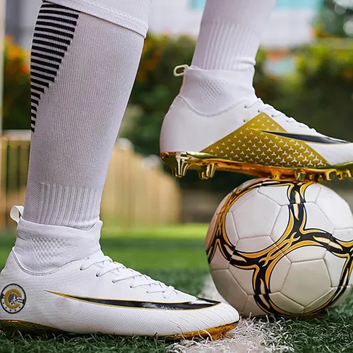 Vista 4 de Zapatos de fútbol para hombre, botas de fútbol profesionales de caña alta, transpirables, atléticas, para exteriores, interiores, césped, césped