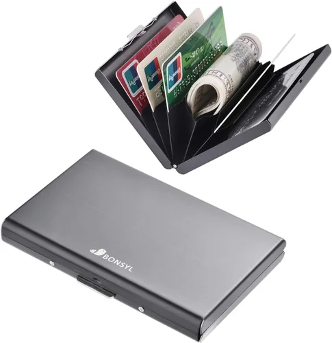 Vista 128 de BONSYL® Soporte para tarjetas de crédito, cartera delgada de metal con bloqueo RFID, con 6 ranuras para tarjetas, para mujeres y hombres.