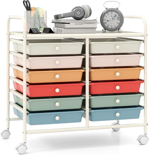 Vista 13 de Giantex Carrito con ruedas de 12 cajones, carrito de almacenamiento móvil con cajones, carrito organizador de aula para suministros escolares