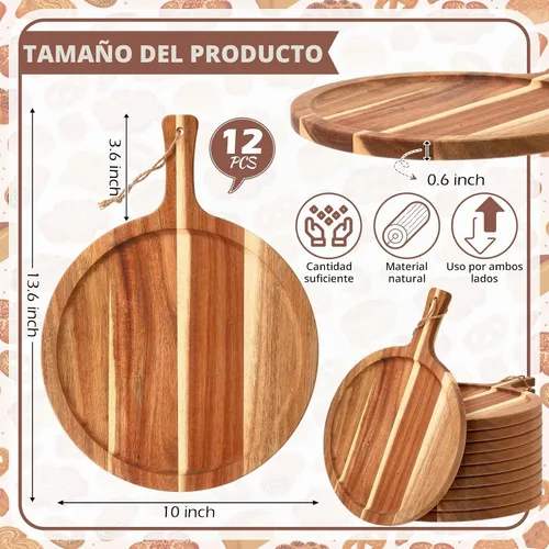 Vista 2 de Tanlade Tabla de cortar de madera, bandeja redonda de madera para servir con asa, tablas de cortar de acacia, remo de charcutería para pizza, pan
