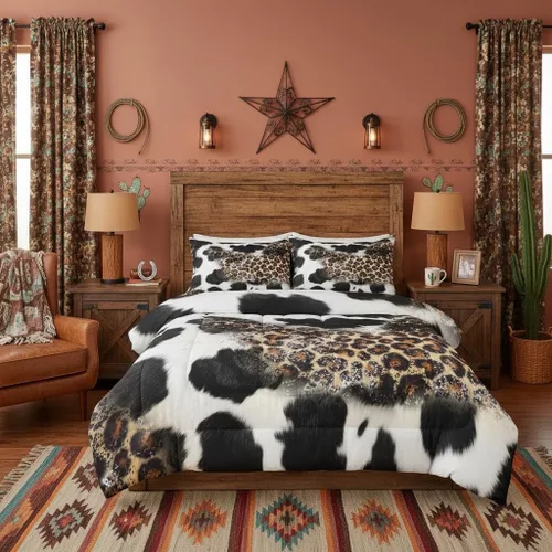 Vista 38 de Juego de edredón de calavera de vaca para niños, tamaño individual, juego de ropa de cama de herraduras de vaquero occidental, Texas Star