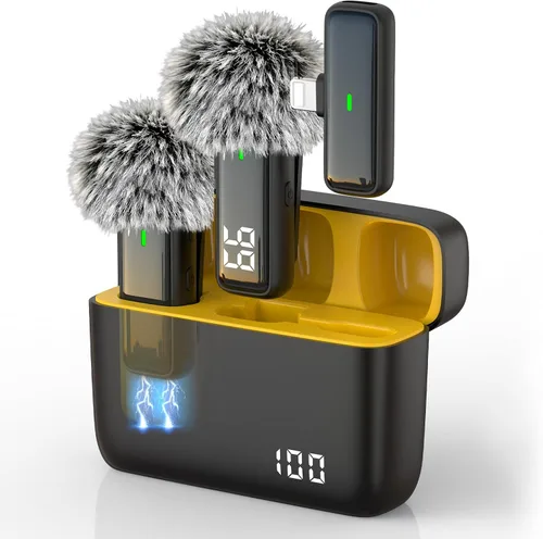 Vista 10 de NPTCL 2 en 1 Micrófono de solapa Lavalier inalámbrico para iPhone iPad Android Noise Canceling Clip Mic, LED Charge Display, 70Ft Transmission, 24