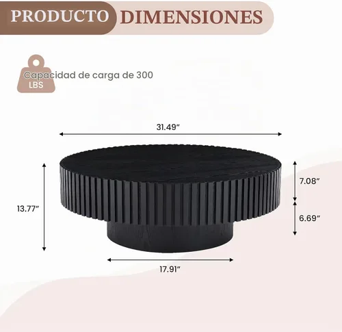 Vista 2 de Mesa de café redonda de 80 cm en madera, mesa de café circular moderna y única, mesa auxiliar contemporánea de roble con forma de tambor y acento