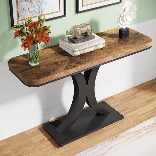 Vista 3 de Tribesigns Mesa consola industrial, mesa de entrada estrecha de 40 pulgadas con base geométrica, mesa decorativa rústica para sala de estar, entrada