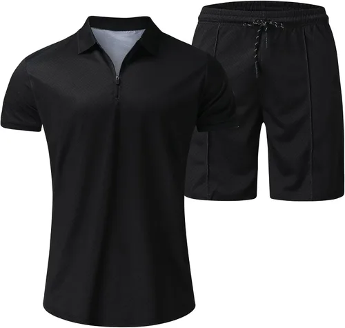Vista 4 de JUNGE Conjunto corto de 2 piezas para hombre, conjunto deportivo casual de verano de manga corta con polos y pantalones cortos, conjunto deportivo