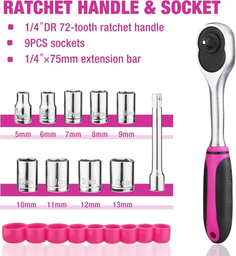 Vista 5 de ValueMax Kit de herramientas rosa, juego de herramientas de reparación del hogar de 218 piezas, kit de herramientas para el hogar con bolsa