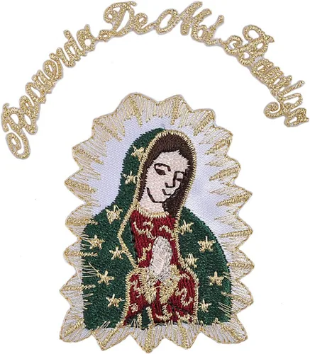 Vista 5 de Parche bordado para bautizo con la Virgen María Nuestra Señora de Guadalupe para planchar (palabra dorada en inglés 3 x 2.75)
