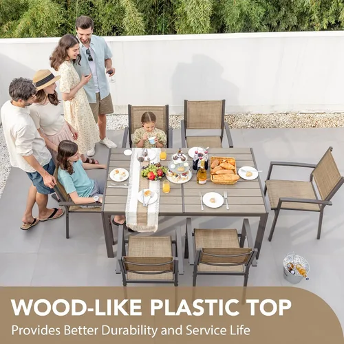 Vista 5 de Devoko Juego de comedor para patio, 7 piezas, muebles de exterior con mesa rectangular y 6 sillas apilables, juego de conversación familiar