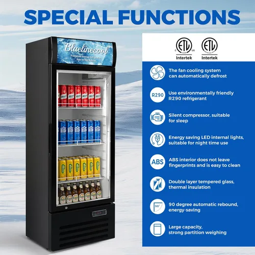 Vista 4 de Refrigeradores comerciales Bluelinecool 9 pies cúbicos verticales para exhibición, enfriador de bebidas con puerta de vidrio y luz LED, estantes