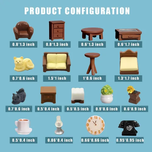 Vista 3 de Kit de 23 piezas de mini muebles marrones para casa de muñecas, accesorios de decoración DIY que incluyen juego de comedor, sala de estar
