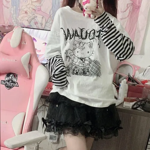 Vista 3 de Camisetas de manga larga de anime para mujer, retazos, Kawaii Harajuku, falsas de dos piezas góticas