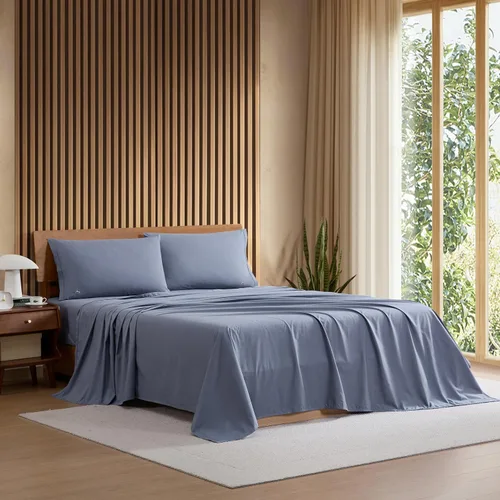Vista 18 de Lacoste Juego de sábanas de 3 piezas 100% percal de algodón, frescas, crujientes, mate y duraderas, con certificación Oeko-Tex, color liso, azul