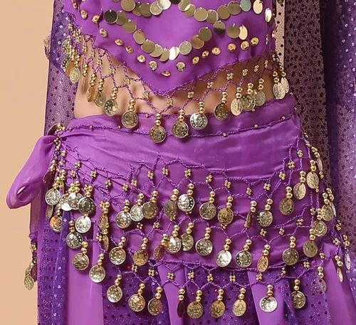 Vista 2 de WAYDA Bufanda de cadera para Danza del Vientre, bufanda de danza del vientre para mujer, con 128 monedas color Oro, faldas para danza del vientre