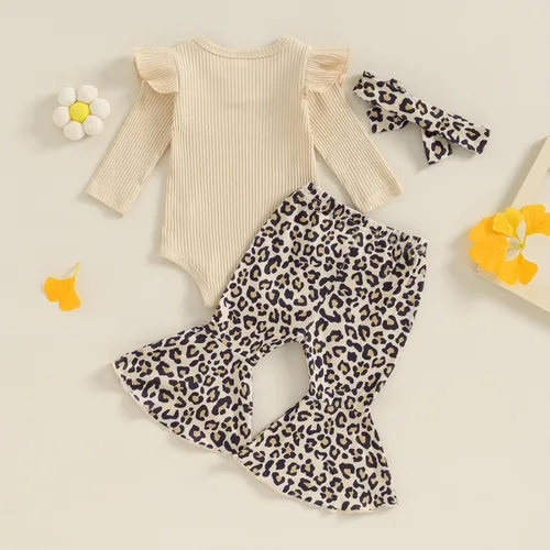 Vista 3 de Kuriozud Conjunto de pantalones acampanados para bebé recién nacida, con volantes, lindo conjunto de pantalones acampanados con diadema y ramitas