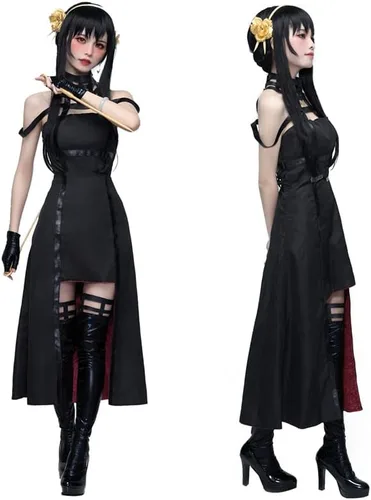 Vista 7 de colarm Yor Forger Cosplay Costume SPY X Family Role-playing Female Killer Gothic Girl Black Dress Uniform with Stockings Set