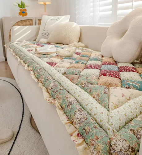 Vista 6 de Funda de sofá de retazos a cuadros estilo bohemio, con estampado floral, protector de muebles con volantes, acolchado de algodón, antideslizante