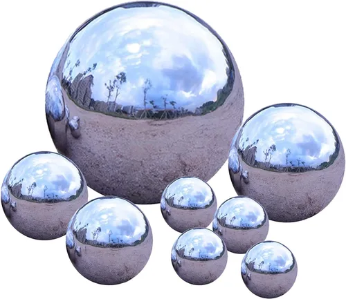 Vista 6 de Kunjocy Paquete de 8 bolas de acero inoxidable surtidas de 50 a 5.906 in, pequeños globos de observación de jardín, bolas de esfera reflectantes