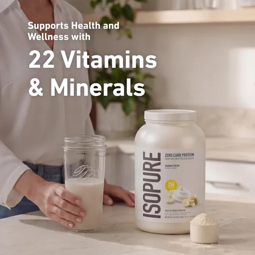 Vista 5 de Isopure Zero Carb 100% Proteína Pura de Suero Aislado en Polvo, Libre de Lactosa, Libre de Gluten, Con Vitaminas, Crema de Plátano, 25g de Proteína