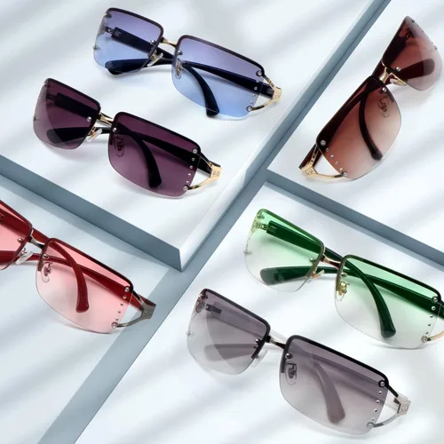 Vista 7 de Fozono Gafas de sol Y2K de moda para mujer, lentes rectangulares sin montura con gradiente Y2K, gafas de sol estéticas de moda