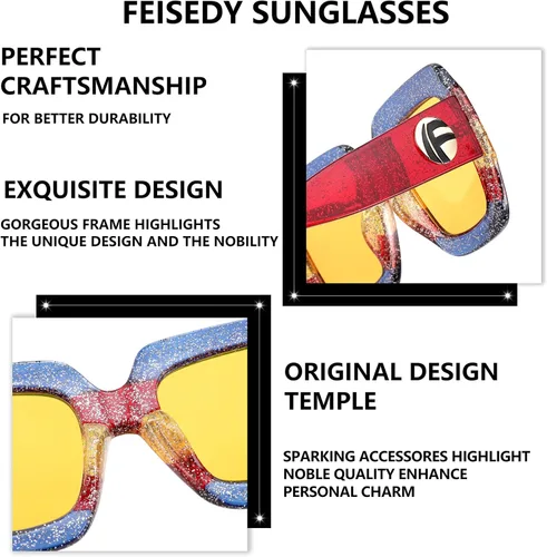 Vista 5 de Feisedy B2276 Gafas de sol cuadradas de gran tamaño con marco de brillantina multicolor