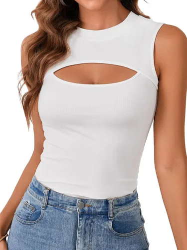 Vista 26 de Vrtige Camiseta sin mangas sexy con cuello redondo para mujer, de punto acanalado, sin mangas, ajustada