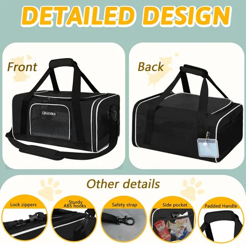 Vista 8 de Petskd Transportador de mascotas de 17 x 11 x 9.5 pulgadas, aprobado por aerolíneas de Alaska, bolsa de viaje para gatos y perros pequeños, Negro