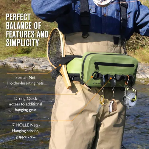 Vista 4 de Dovesun Riñonera de pesca impermeable para hombres 3.3L bolsa de pesca con mosca bolsa de pecho con cremallera hermética