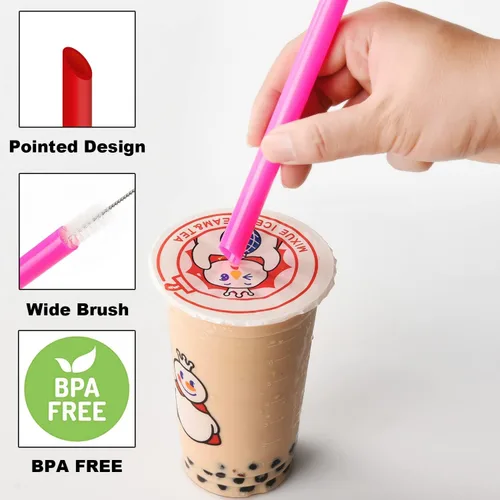 Vista 3 de ALINK 12 pajitas reutilizables para boba, 13 mm x 21.6 cm pajitas de plástico de colores para batidos, perlas de tapioca con 2 cepillos de limpieza