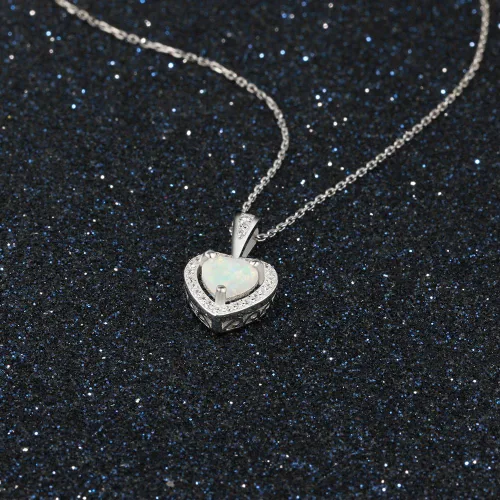 Vista 7 de Lam Sence Collar con colgante de ópalo creado en forma de corazón de plata esterlina (corazón de halo de ópalo de 0.236 in)