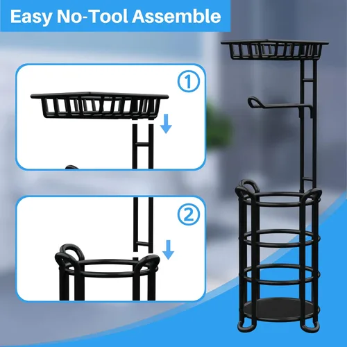 Vista 8 de Soporte de papel higiénico con estante, estante de almacenamiento de rollos de papel higiénico con dispensador para baño, color negro