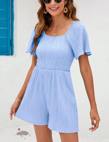 Vista 2 de KOJOOIN Women's Short Sleeve Square Neck Short Romper Off Shoulder Flutter Sleeve Wide Leg Mini Rompers