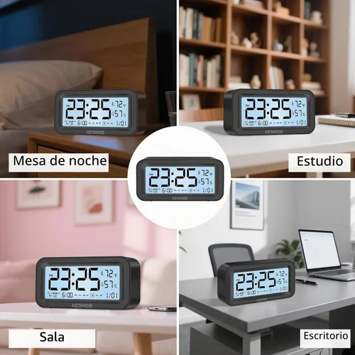 Vista 7 de Reloj despertador digital con luz nocturna, funciona con pilas, con temperatura interior y humedad, reloj pequeño de escritorio, modelo con función