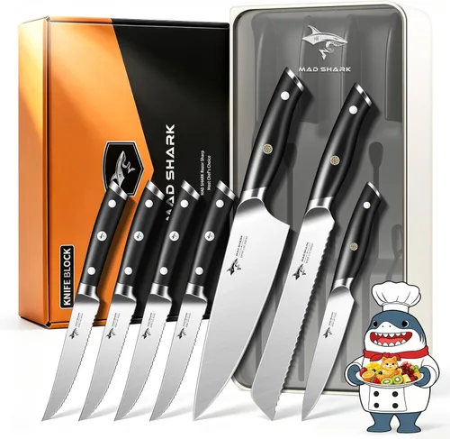 Vista 7 de MAD SHARK Juego de cuchillos de cocina de 5 piezas, juego de cuchillos de chef con mango ergonómico, cuchillos de cocina profesionales ultra